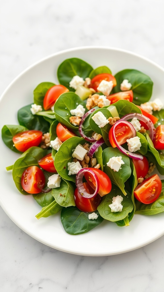 A fresh spinach salad with tomatoes, cucumber, onion, feta, and walnuts on a white plate.